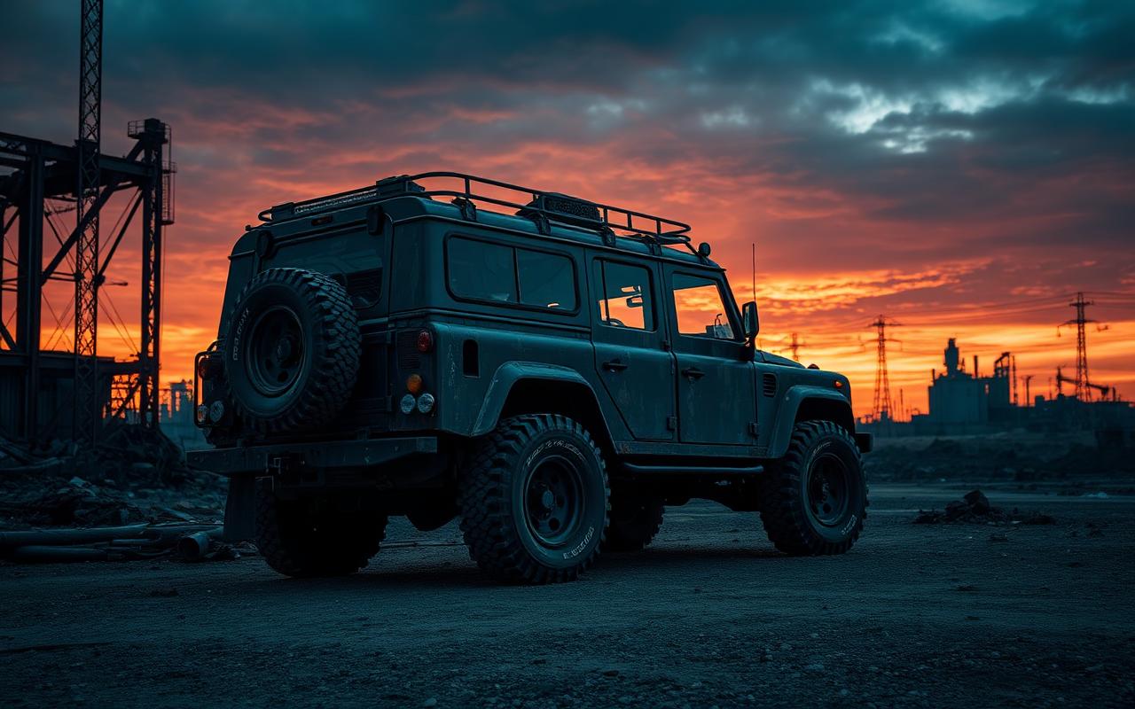 A rugged off-road transport parked in an industrial wasteland