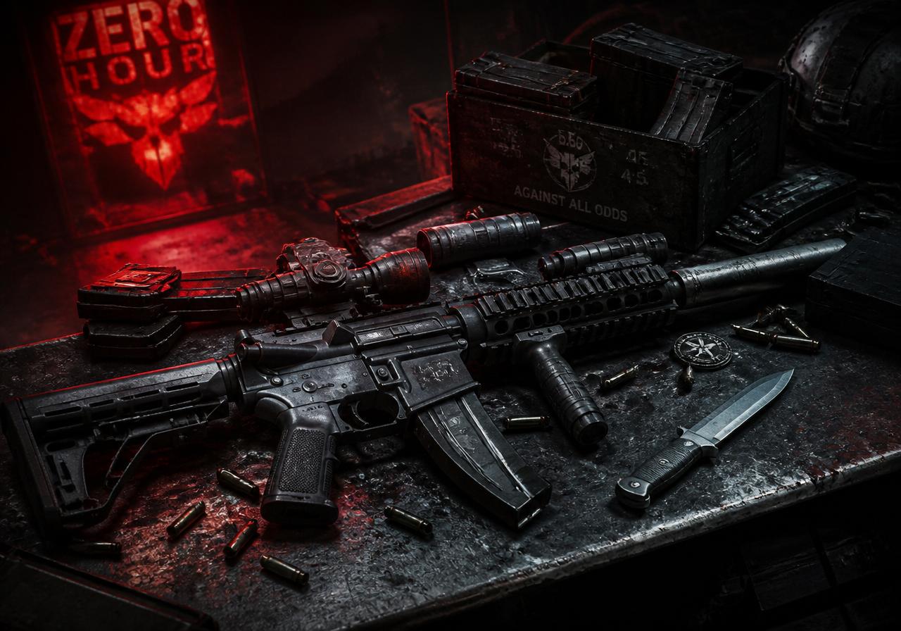 A modular assault rifle with attachments on a metal workbench in red light